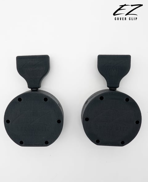 Two black EZ cover clips with circular bases and rectangular tabs shown from above on white background