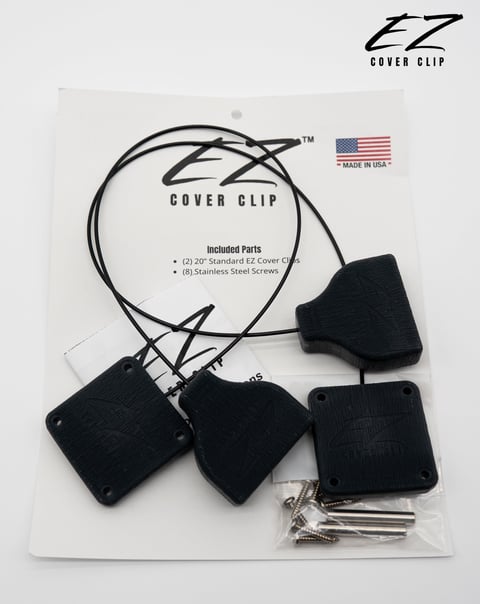 EZ Cover Clip product packaging showing black corner clips and stainless steel screws, made in USA