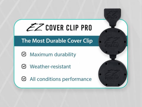 EZ Cover Clip Pro product display showing black durable cover clips with features: maximum durability, weather-resistant, all conditions performance