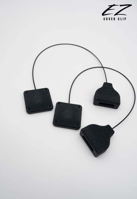 EZ Cover Clip product display showing black rubber clips and covers on white background